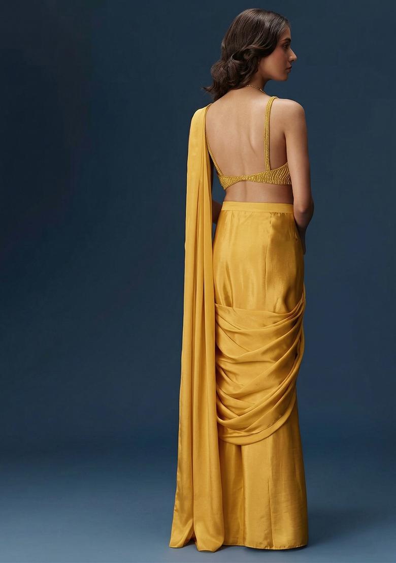 Yellow Embroidered Handwork Pre Draped Saree Set - Indya