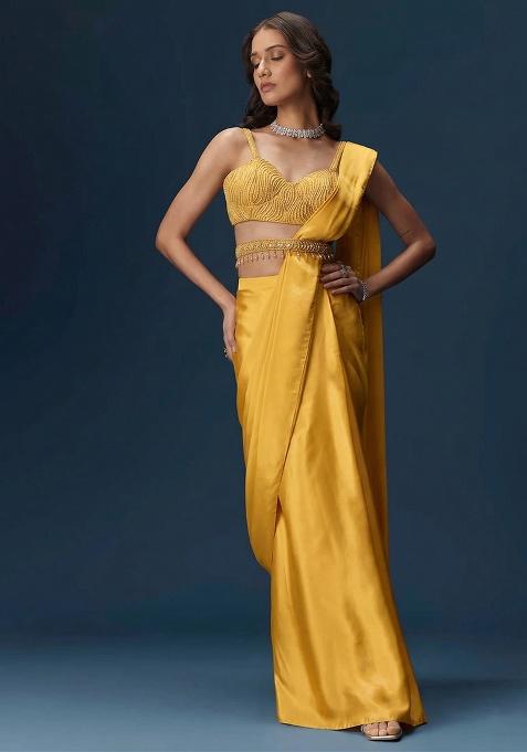 Yellow Embroidered Handwork  Pre Draped Saree Set