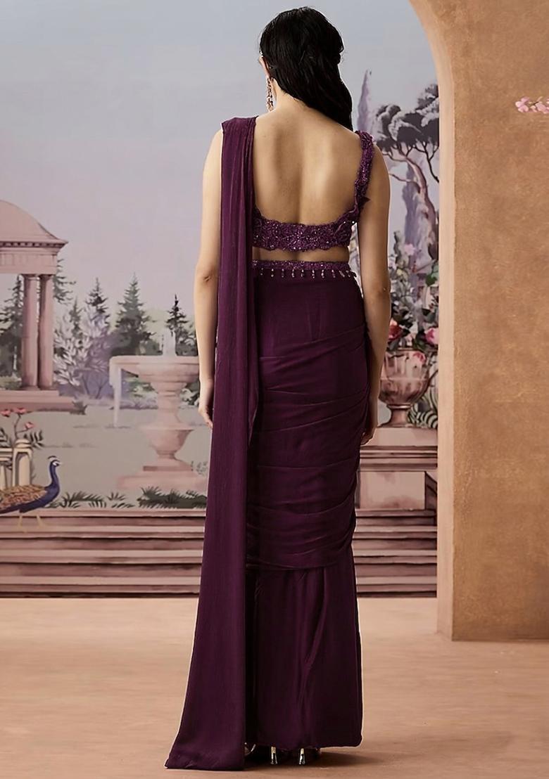 Deep Plum Embroidered Handwork Pre Draped Saree Set - Indya