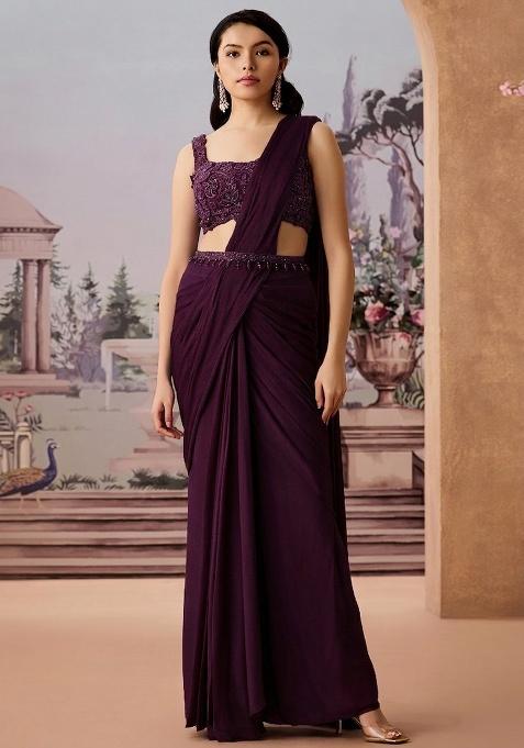 Deep Plum Embroidered Handwork  Pre Draped Saree Set