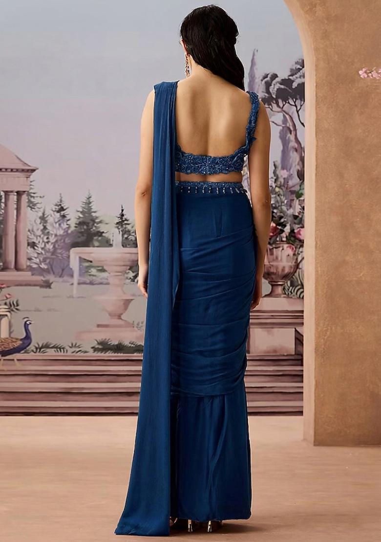Blue Embroidered Handwork Pre Draped Saree Set - Indya