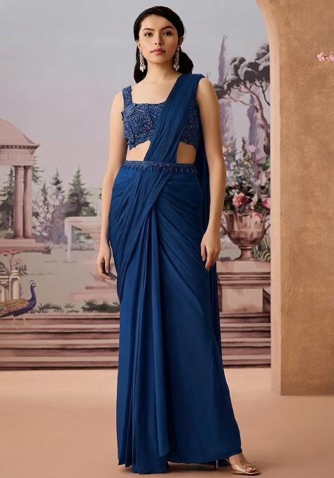 Blue Embroidered Handwork  Pre Draped Saree Set