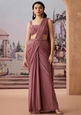 Mauve Embroidered Handwork  Pre Draped Saree Set
