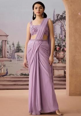 Lavender Embroidered Handwork  Pre Draped Saree Set