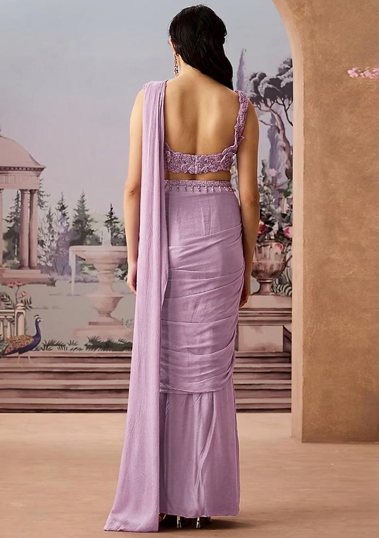 Lavender Embroidered Handwork Pre Draped Saree Set - Indya