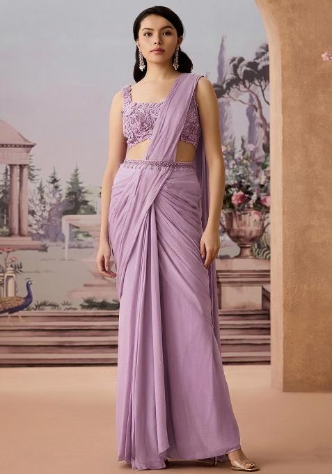 Lavender Embroidered Handwork  Pre Draped Saree Set