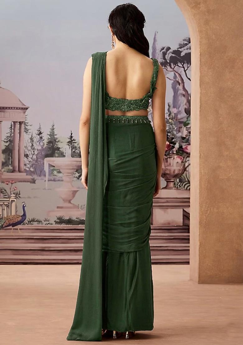 Green Embroidered Handwork Pre Draped Saree Set - Indya