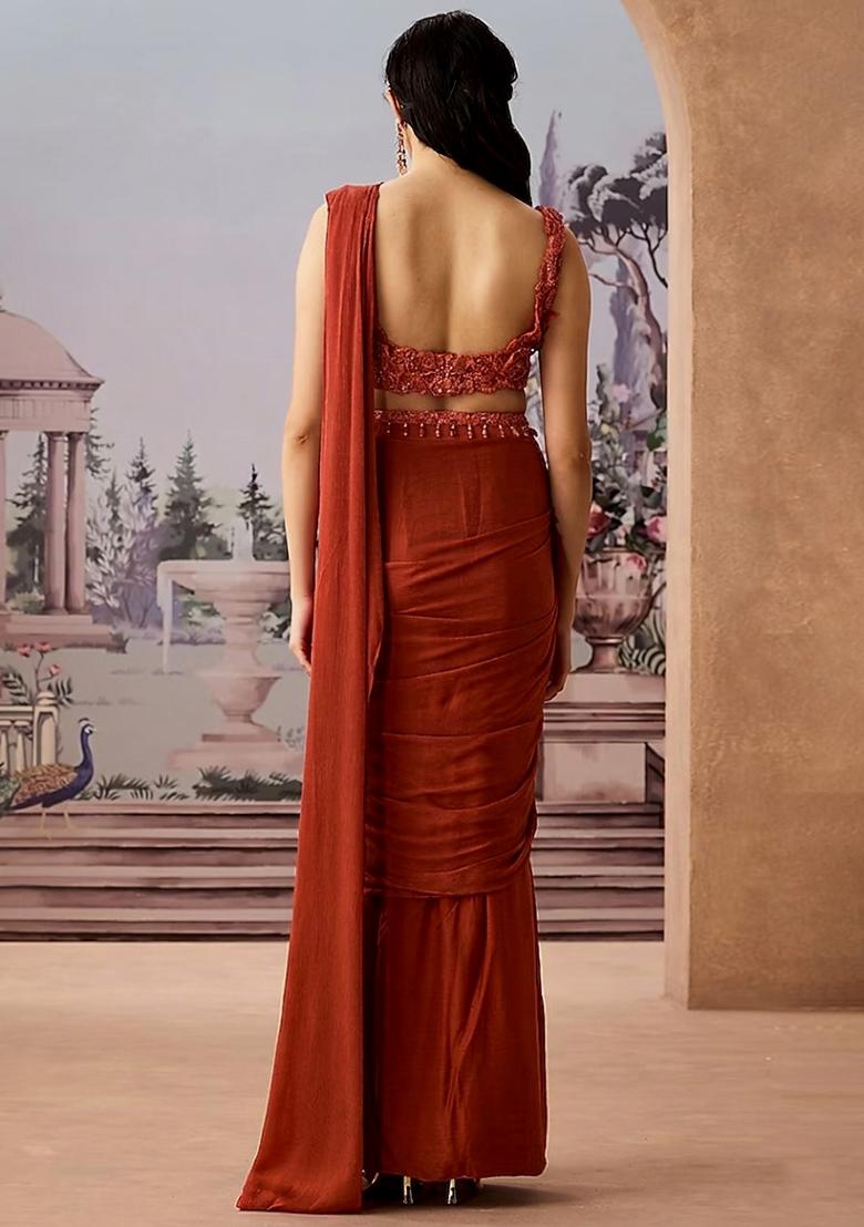 Rust Embroidered Handwork  Pre Draped Saree Set - Indya