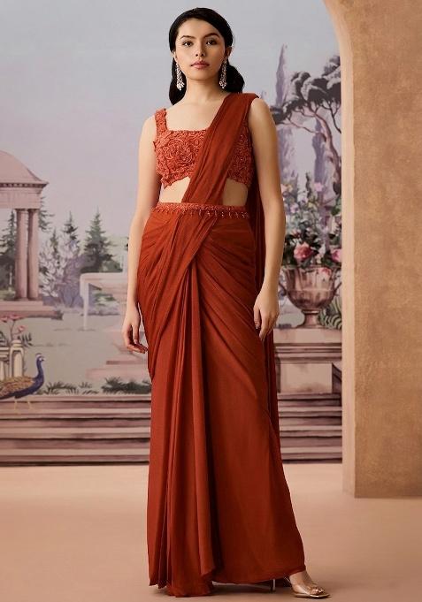 Rust Embroidered Handwork  Pre Draped Saree Set