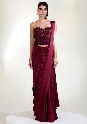 Wine Red Embroidered Handwork  Pre Draped Saree Set