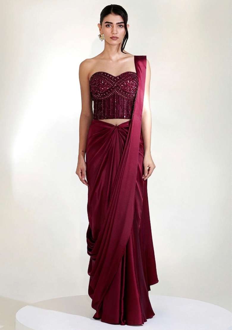 Wine Red Embroidered Handwork Pre Draped Saree Set - Indya