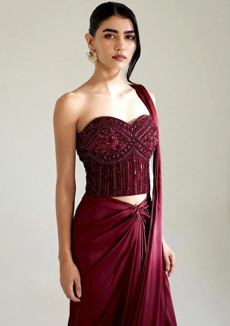 Wine Red Embroidered Handwork Pre Draped Saree Set - Indya