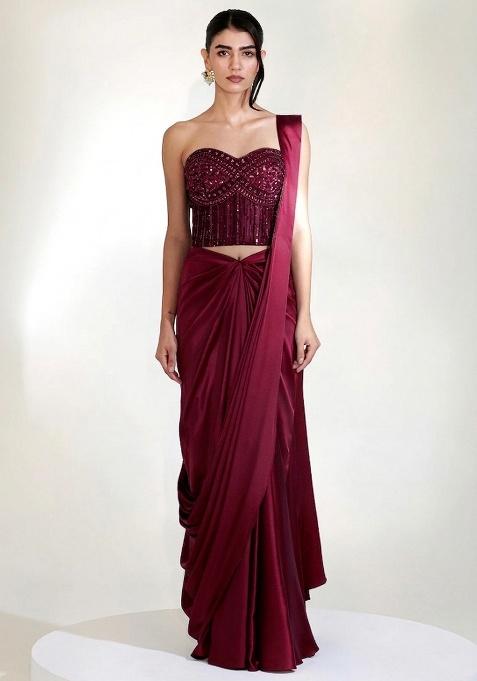Wine Red Embroidered Handwork  Pre Draped Saree Set