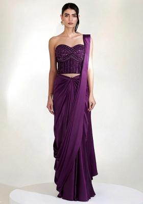 Dark Purple Embroidered Handwork  Pre Draped Saree Set