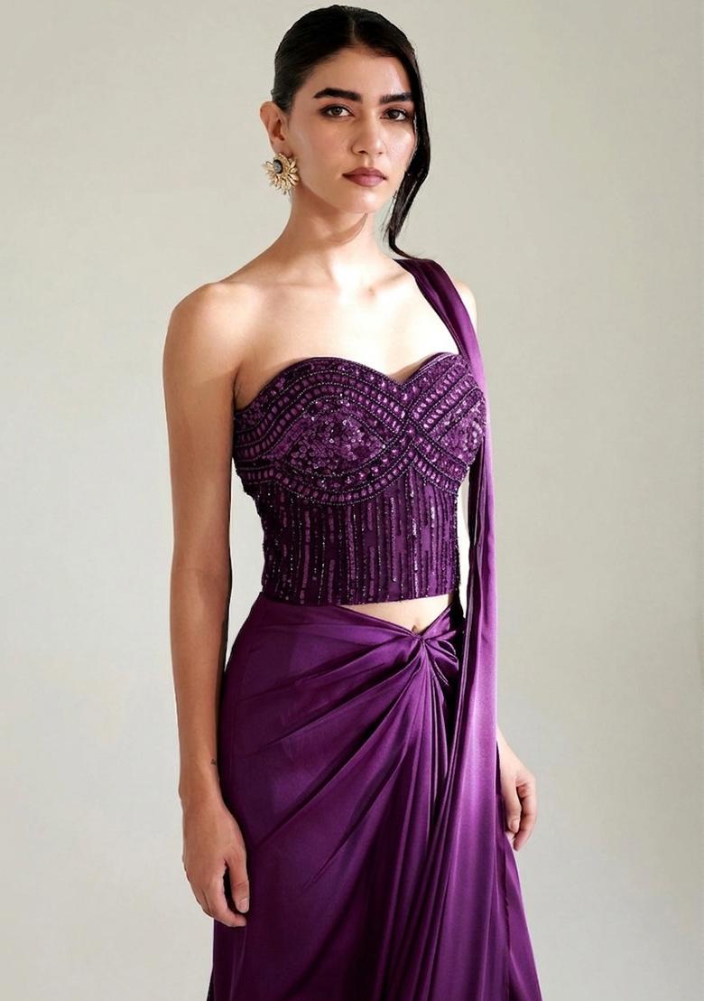 Dark Purple Embroidered Handwork Pre Draped Saree Set - Indya