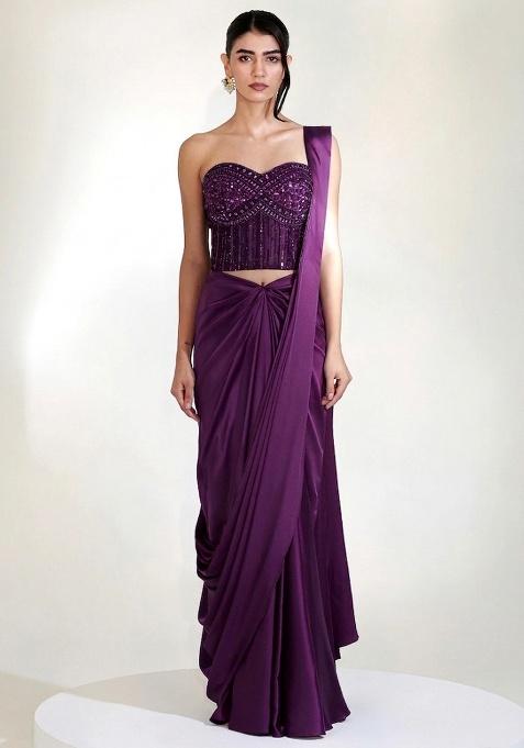 Dark Purple Embroidered Handwork  Pre Draped Saree Set