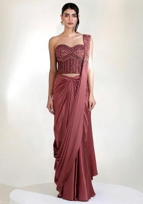 Mauve Embroidered Handwork  Pre Draped Saree Set