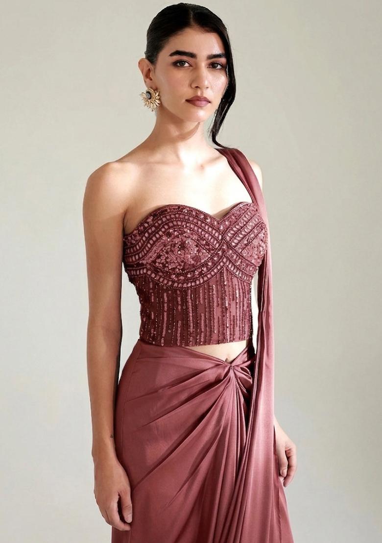Mauve Embroidered Handwork Pre Draped Saree Set - Indya