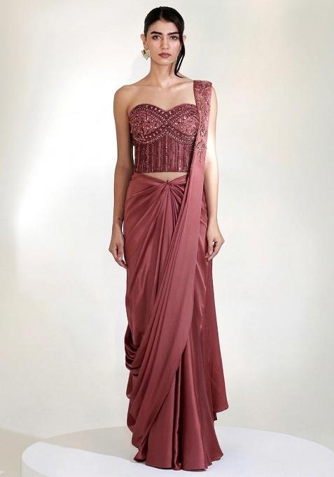 Mauve Embroidered Handwork  Pre Draped Saree Set