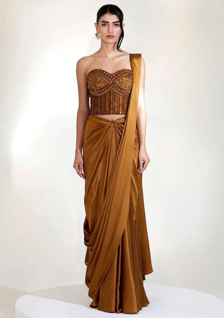 Copper Embroidered Handwork Pre Draped Saree Set - Indya