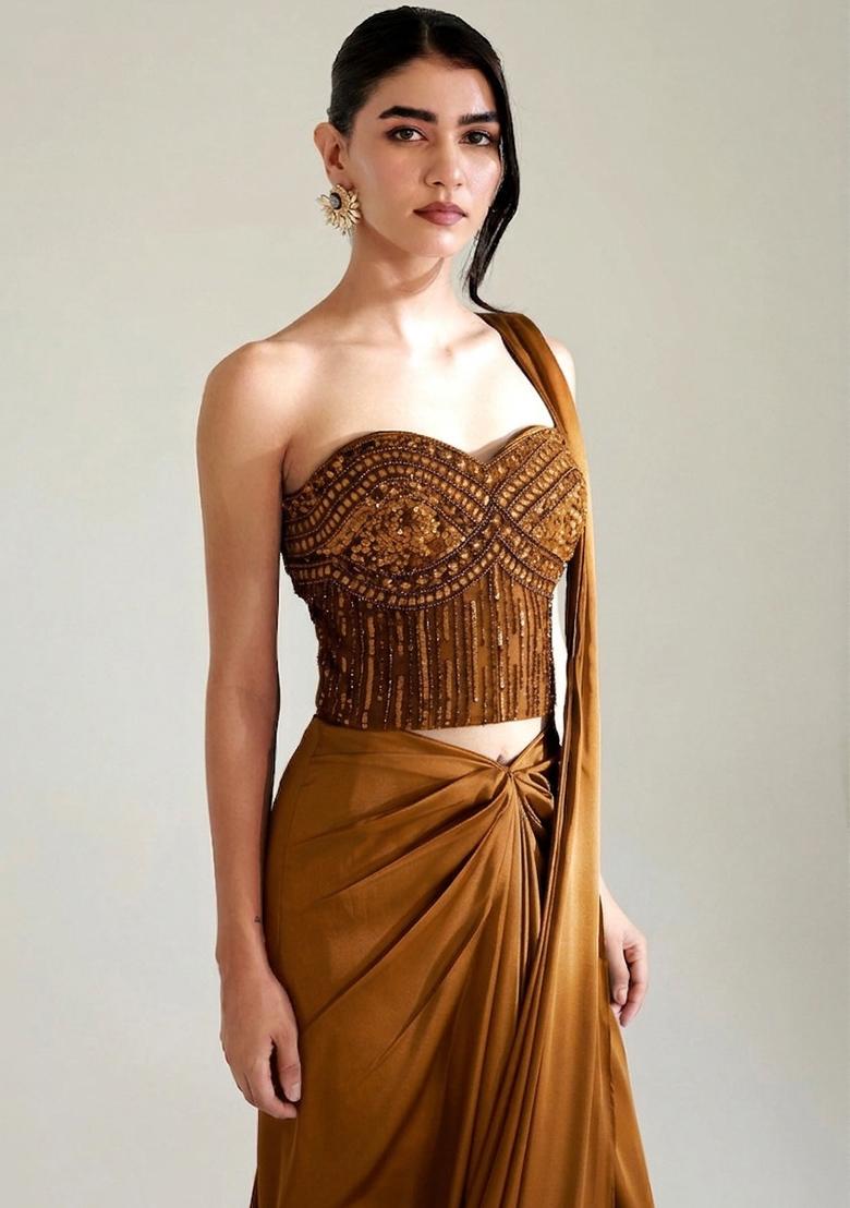 Copper Embroidered Handwork Pre Draped Saree Set - Indya