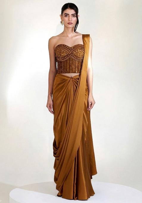 Copper Embroidered Handwork  Pre Draped Saree Set