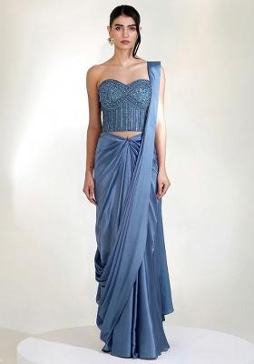 Pastel Blue Embroidered Handwork  Pre Draped Saree Set