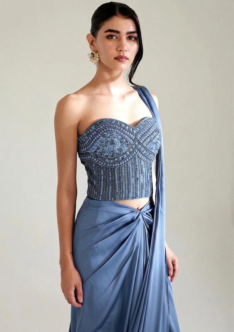 Pastel Blue Embroidered Handwork  Pre Draped Saree Set - Indya