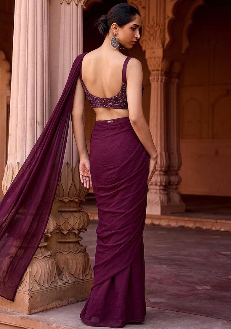 Deep Purple Embroidered Handwork Pre Draped Saree Set - Indya