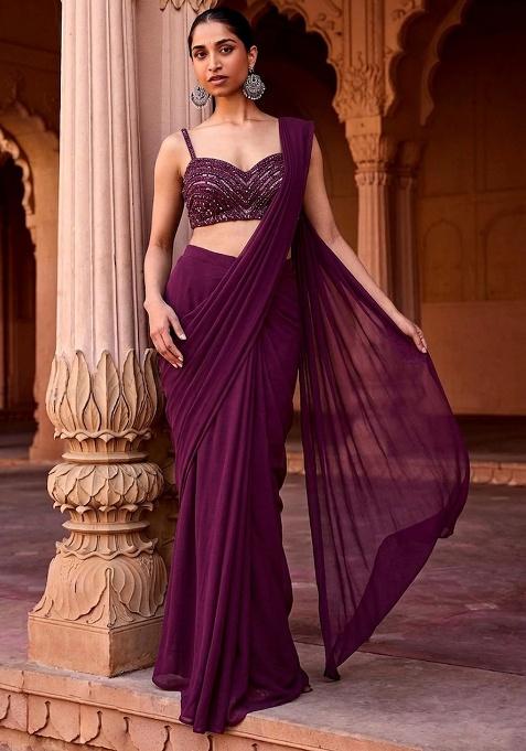 Deep Purple Embroidered Handwork  Pre Draped Saree Set