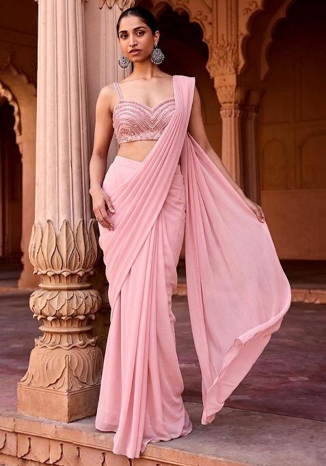 Pink Embroidered Handwork  Pre Draped Saree Set