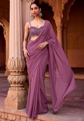 Mauve Embroidered Handwork  Pre Draped Saree Set