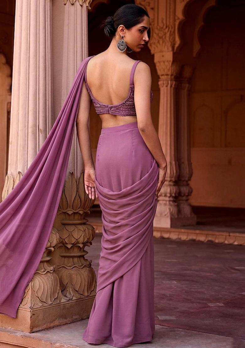 Mauve Embroidered Handwork Pre Draped Saree Set - Indya