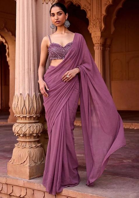 Mauve Embroidered Handwork  Pre Draped Saree Set