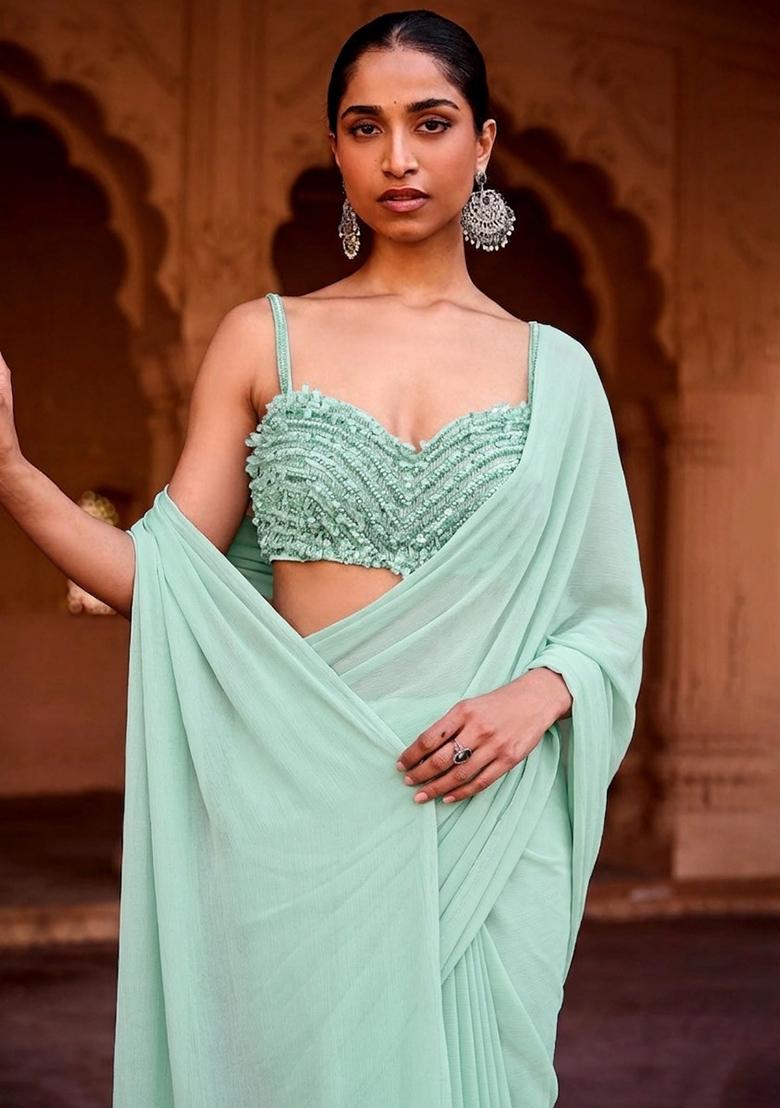 Blue Embroidered Handwork Pre Draped Saree Set - Indya