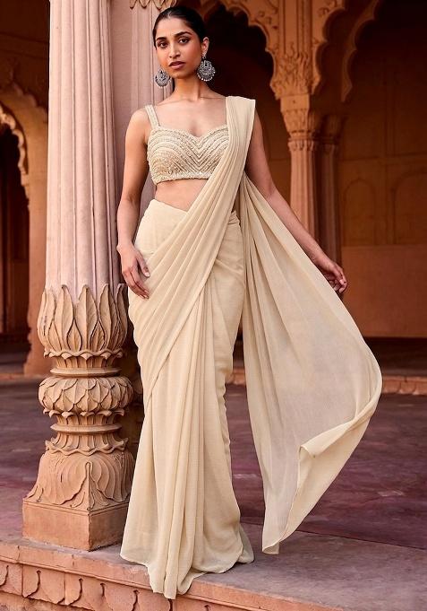 Pink Embroidered Handwork  Pre Draped Saree Set