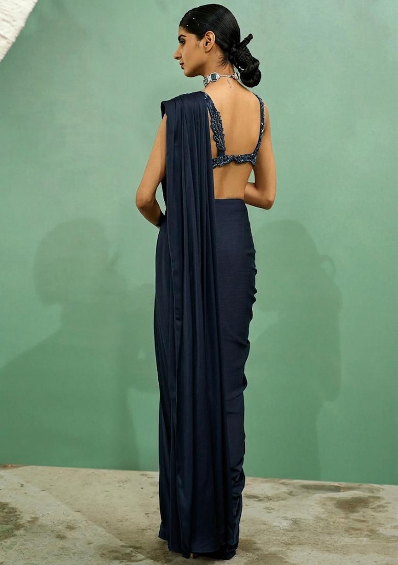 Midnight Blue Embroidered Handwork Pre Draped Saree Set - Indya