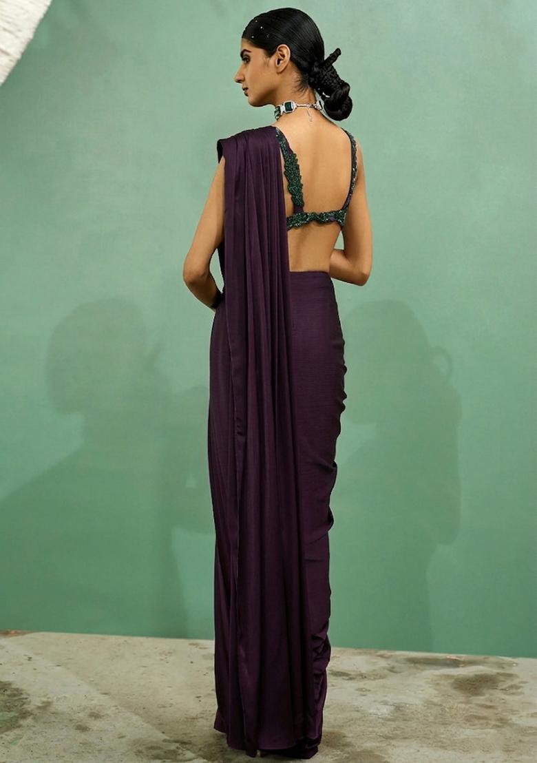 Wine Embroidered Handwork  Pre Draped Saree Set - Indya