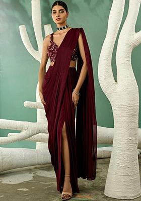Maroon Embroidered Handwork  Pre Draped Saree Set
