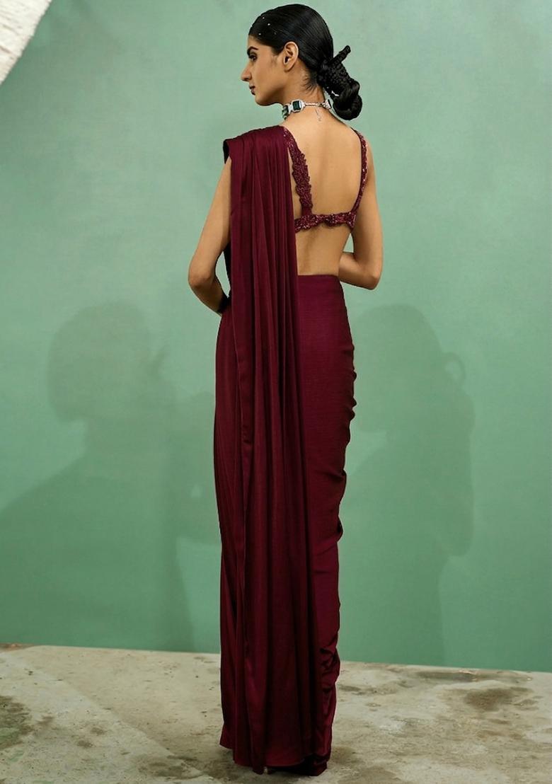 Maroon Embroidered Handwork  Pre Draped Saree Set - Indya