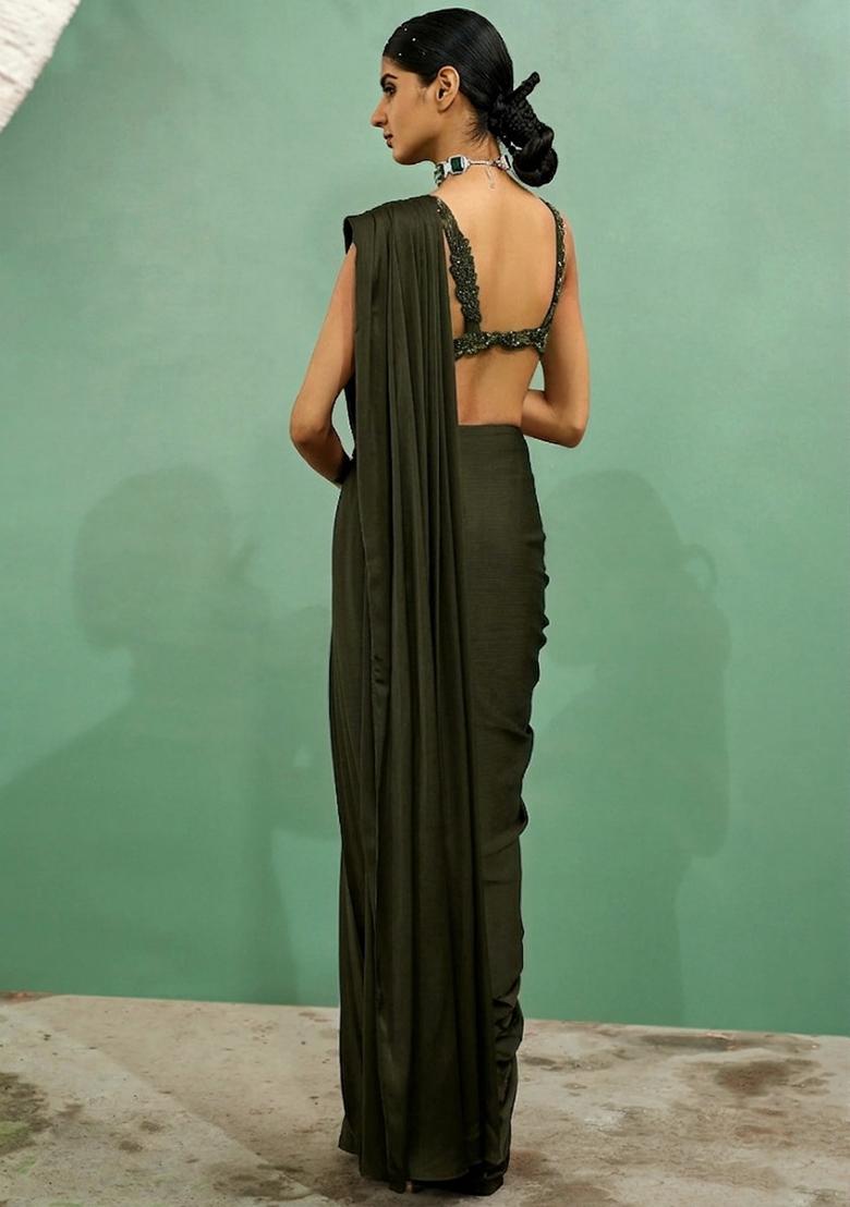 Olive Embroidered Handwork Pre Draped Saree Set - Indya