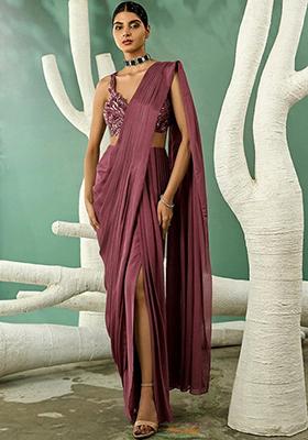 Pink Embroidered Handwork  Pre Draped Saree Set