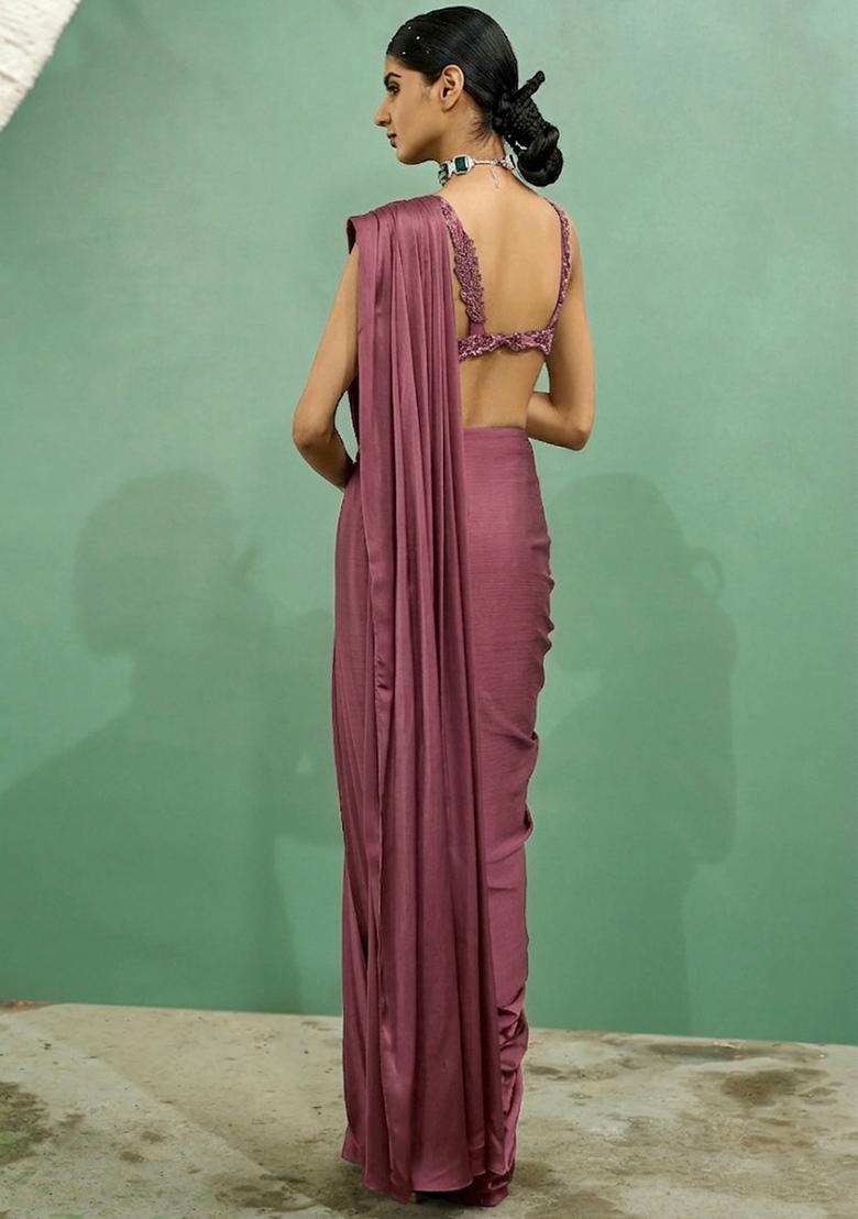 Pink Embroidered Handwork  Pre Draped Saree Set - Indya