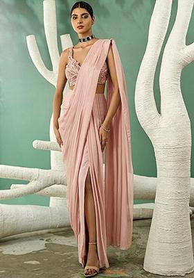 Light Pink Embroidered Handwork  Pre Draped Saree Set