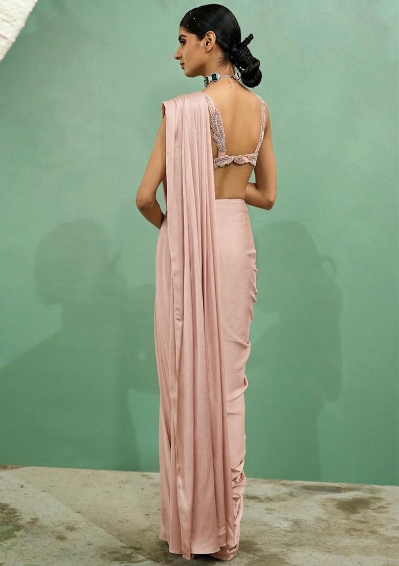Light Pink Embroidered Handwork Pre Draped Saree Set - Indya