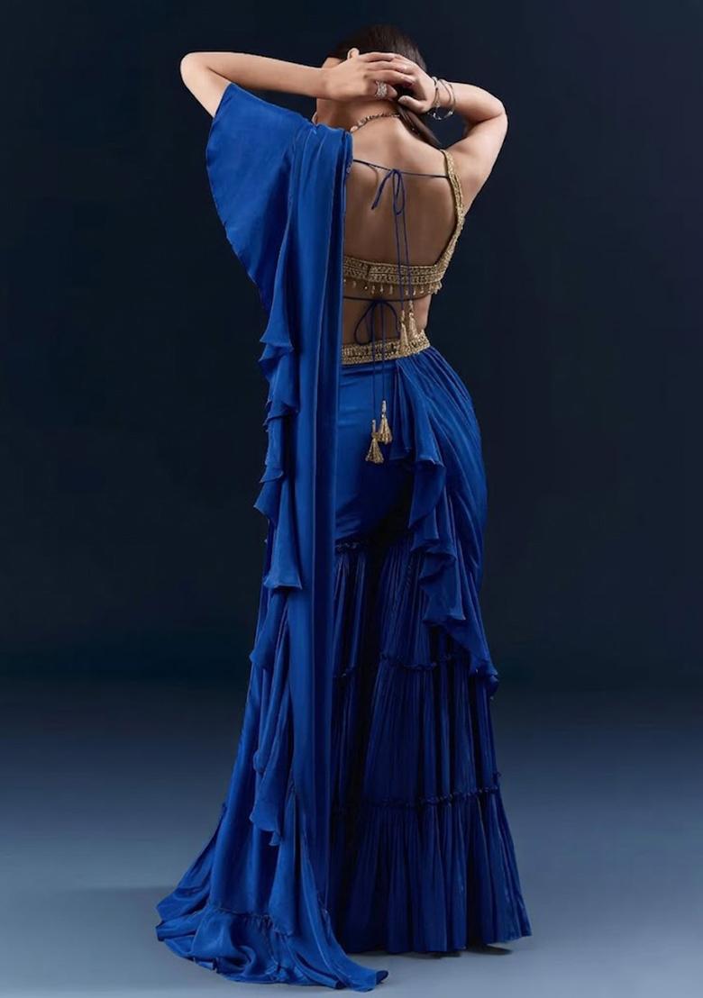 Royal Blue Embroidered Handwork Pre Draped Saree Set - Indya