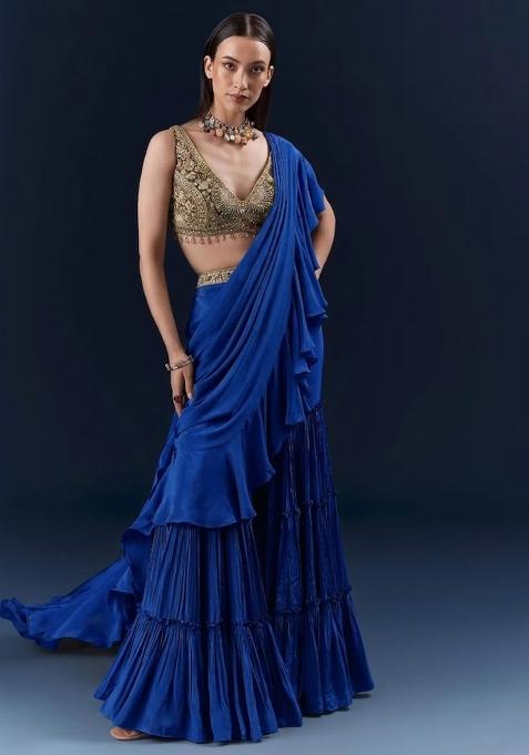 Royal Blue Embroidered Handwork  Pre Draped Saree Set