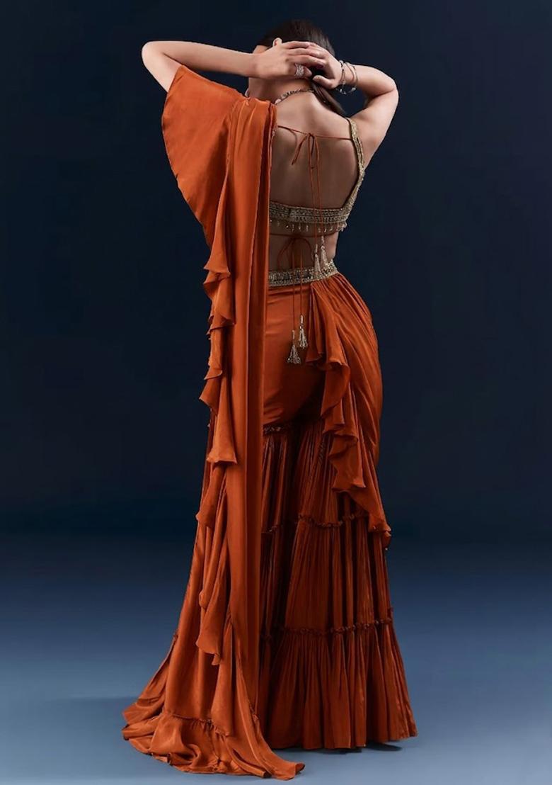 Rust Embroidered Handwork  Pre Draped Saree Set - Indya