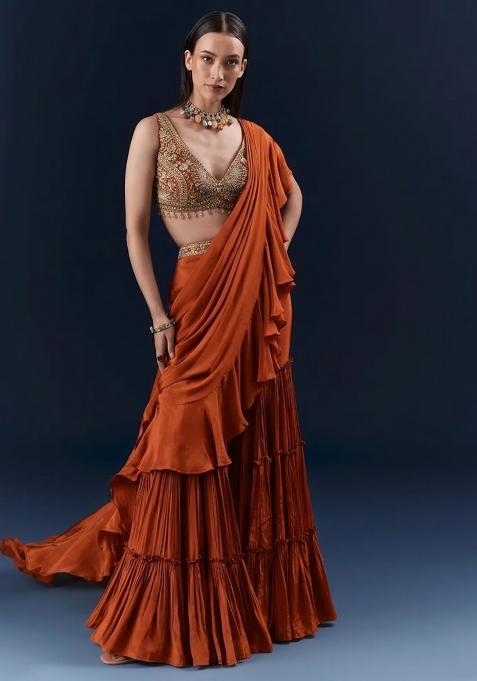 Rust Embroidered Handwork  Pre Draped Saree Set
