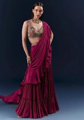 Pink Embroidered Handwork  Pre Draped Saree Set